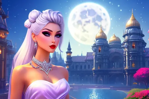 Prompt: head-on, surreal cartoon, high fashionista pose, glossy, walking toward viewer, stunning platinum haired dancer, she is dressed like a summer queen, dramatic jewelry, statement necklace, background is architecture lit by the moon,  trending on artstation