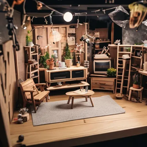 Prompt: tiny wooden live studio tv show set