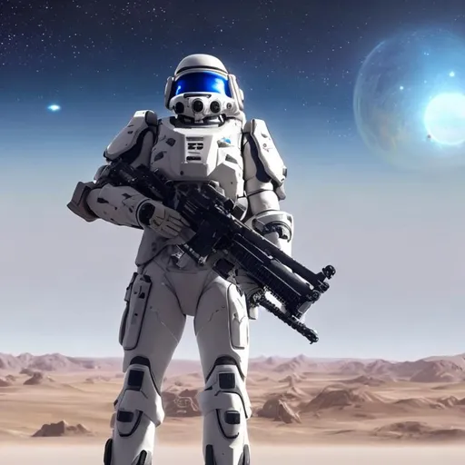 A soldier wearing a white exosuit holding a laser rifle looking out on a vast desert planet with a d