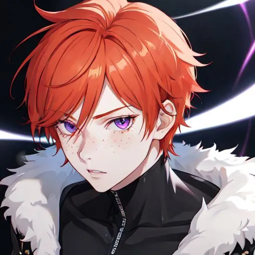 Prompt: Erikku male adult (short ginger hair, freckles, right eye blue left eye purple)  UHD, 8K, insane detail anime style, looking to the side, biker