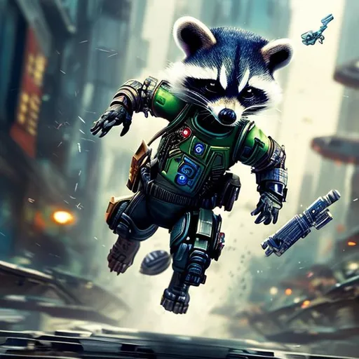 Prompt: small cheeky rocket racoon, intricately detailed, bionic, bounty hunter, action shot, angry, cyber city
