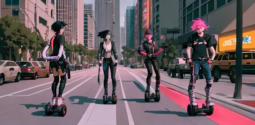 Prompt: ((best quality)), ((masterpiece)), ((realistic))three punks riding hoverboards,standing in los angeles downtown, high contrast, best illumination, extremely delicate and beautiful, inspired by Atey Ghailan, Eduard Hopper, Greg Tocchini, James Gilleard, CG unity 8k wallpaper, extremely detailed, best quality, best shadows, cheerful bright color scheme, pastel blues, pinks, purples, dynamic angle, beautiful detailed glow, on eye level, scenic, masterpiece
