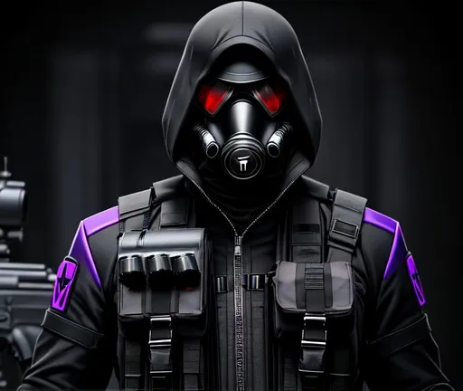 Prompt: Portrait A Hitman carrying Sniper Rifle, with gas mask black color, cybernetic armor sci fi purple dark, a dark sci - fi horror.