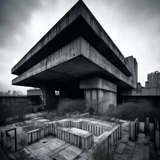 Prompt: a large brutalist architecture, crowded buildings, creepy, unsettling, macabre, wide angle, empty, reclaimed by nature, concept of physics do not apply, 