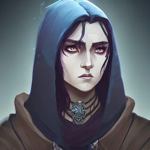 Prompt: headshot, female DND kalashtar,  black hair, slicked back, light blue violet eyes, hard features, leather hooded cloak, ear piercings, renaissance painting, forest scenery, dramatic lighting