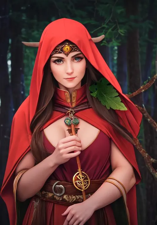 Prompt: wiccan, beautiful pretty nun, horned god, cernunnos, brown cloak with hood, nature oak staff, wooden accessories, dark forest and animals, ringbearer, celtic tribal, oak leaf hair, rabbit pelts belt