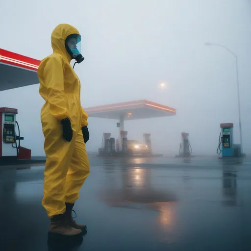 Prompt: a woman in a skin-tight hazmat suit, standing at an empty gas station shrouded in fog
