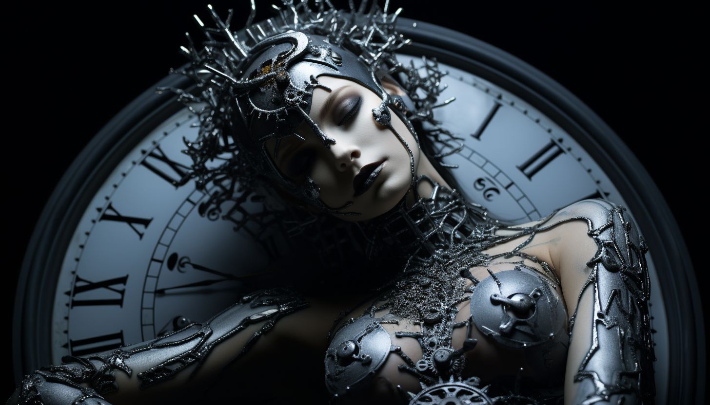 Prompt: london artist hsinalu scifi clock, in the style of fashion photography, dark silver and silver, canon eos 5d mark iv, body art, aggressive digital illustration, blink-and-you-miss-it detail, back button focus --ar 128:73 --v 5.2