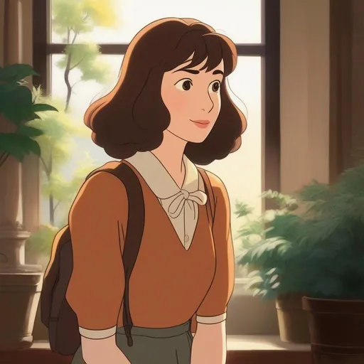 Prompt: ghibli movie character based off of anne hathaway, consistent lighting and mood throughout