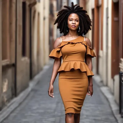 Prompt: Caramel coloured 40 year old woman with thin shoulder length dreadlocks and brown cold shoulder peplum dress