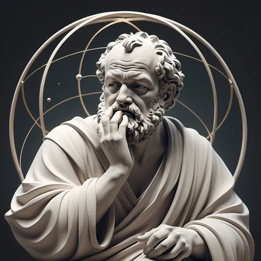 Prompt: democritus deep in thought, atoms flying around, detailed but simplistic, visually appealing