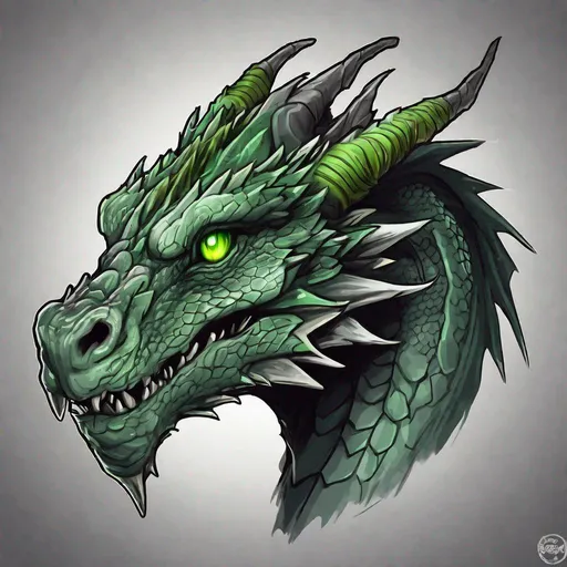 Prompt: Concept design of a dragon. Dragon head portrait. Coloring in the dragon is predominantly dark gray with subtle green streaks and details present.