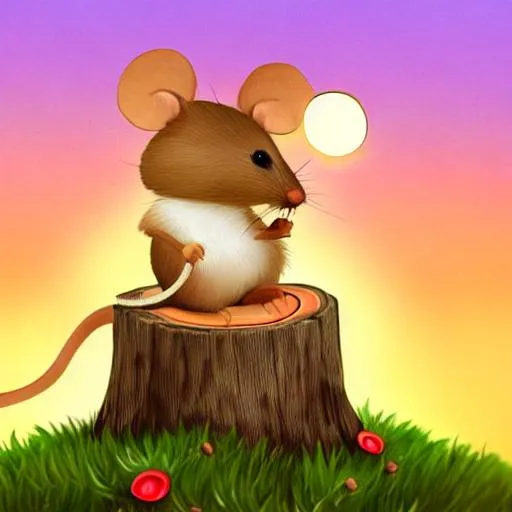 Prompt: childrens book graphic art with picture of a realistic mouse sitting and on a little tree stump with a tiny acorn style drum and singing a song waiting for the Sun to rise over the top of a great, tall mountain.
