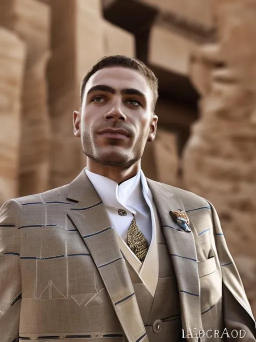 Prompt:  men's suit filled with pharaonic inscriptions mixed with a modern cut with Italian elegance