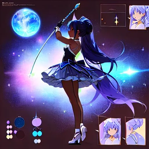 Prompt: A character sheet of an anime magical girl with  hair and dark skin, long hair, covered in stars. indigo accents on outfit. holding a wand, Concept Art. puffy skirt. ballet inspired. Madoka magica inspired. reference sheet,   different poses, concept sheet, side profile, back proflie, beautiful face, ponytail, highly detailed, clear face and body