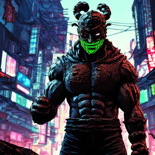 Prompt: muscular face-masked villain called BlisterFist (when he punches people, they blister and explode). Blood spatters. Very Dark image with lots of shadows. Background partially destroyed neo Tokyo. Noir anime. Gritty. Dirty. Black with neon forest green accents. armour. Kenji mask. Bionic enhancements. Power up punch stance