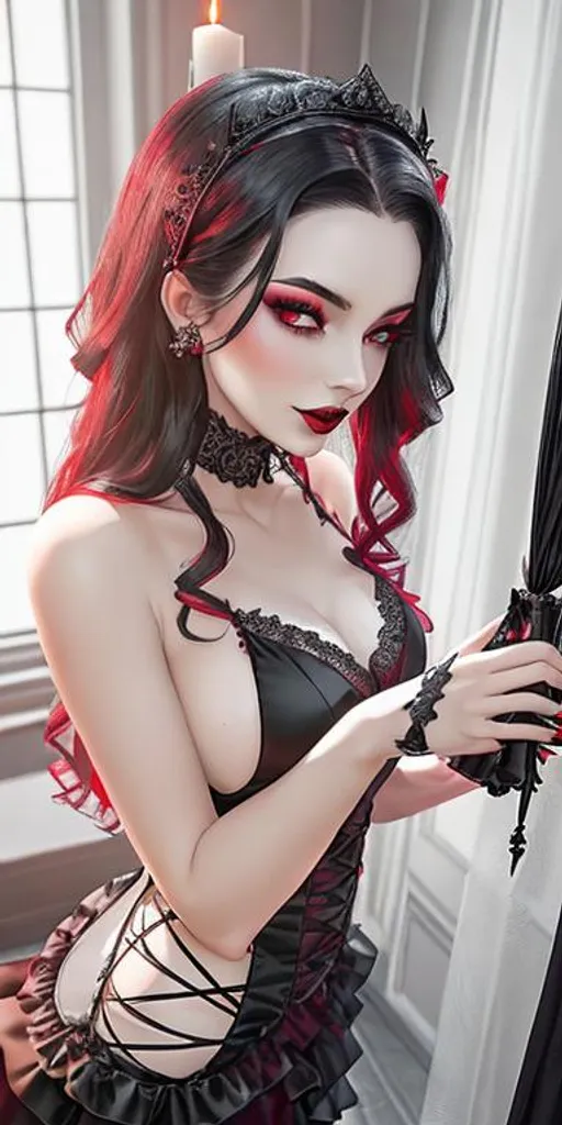Prompt: A goth vampire girl with black lace dress, ((pale skin)), ((dark red lipstick)), ((intense crimson eyes)), long ((jet-black)) hair cascading over her shoulders, ((elegant)) fangs peeking out from her lips, ((sinister)) smirk illuminated by the flickering candlelight, standing in front of a ((creepy)) Gothic mansion adorned with ((ornate)) gargoyles and ivy-covered walls. Behind her, a full moon casts an eerie glow, casting long shadows across the ((desolate)) graveyard scattered with crumbling tombstones.