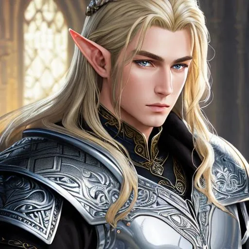 Prompt: oil painting, , UHD, 8K, Very Detailed,  panned out view of character, Elven King with blonde hair wearing black and silver armor