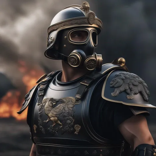 Prompt: A modern roman military male in black military armor galea helmet of roman armor, with a gunfire and gas mask, background war battle, FULL BODY, Hyperrealistic, sharp focus, Professional, UHD, HDR, 8K, Render, electronic, nervous vibe, loud, tension, dark, Epic