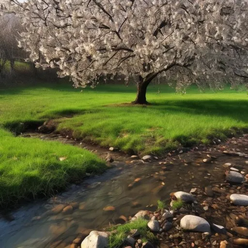 Prompt: An apple tree on the edge of a creek, ethereal, beautiful Glistening water