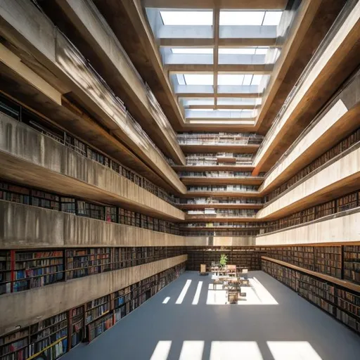 Prompt: a large multi story library filled with books and with brutalist architecture and lots of skylights and foot paths 