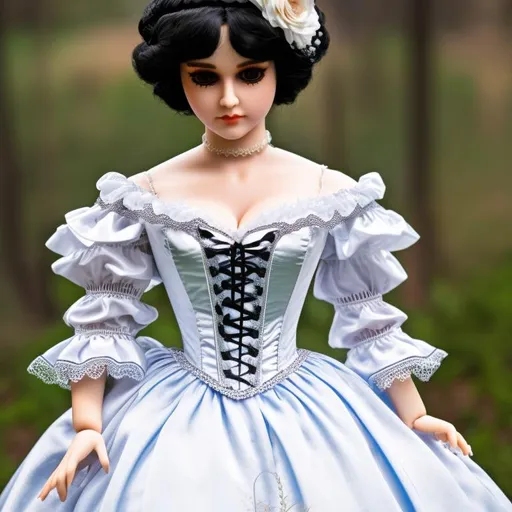 Prompt: A woman turned into a doll, wearing a very detailed, laced, victorian dress, and bonnet.