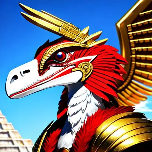 Prompt: A white and red humanoid Velociraptor wearing gold and blue ancient mayan/Aztec style armor.