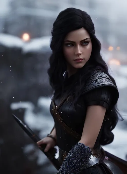 Prompt: she has dark purple hair, create most beautiful fictional female viking princess warrior, dark purple hair, light blue eyes, extremely detailed environment, detailed background, intricate, detailed skin, professionally color graded, photorealism, 8k, moody lighting