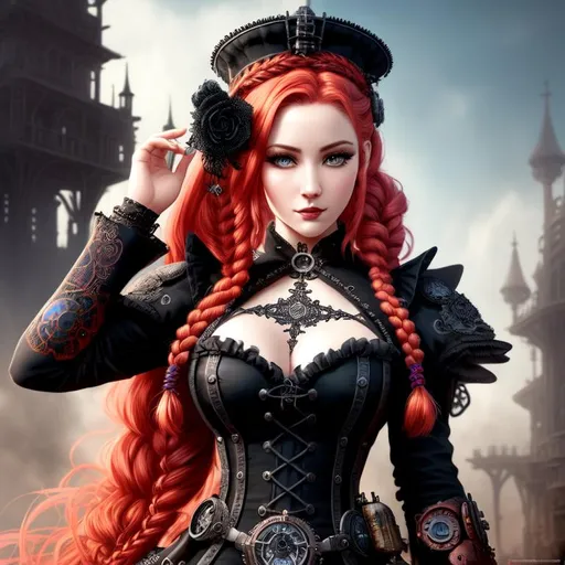 Prompt: A hyper realistic detailed character poster ((full body)) image of a ((beautiful woman)), with intricate ((steampunk clothes)) with braided ((ginger ombre hair)). Wearing ((gothic steampunk dress)), highly detailed, digital painting, Trending on artstation, HD quality, ((by Prywinko)), ((sexy))