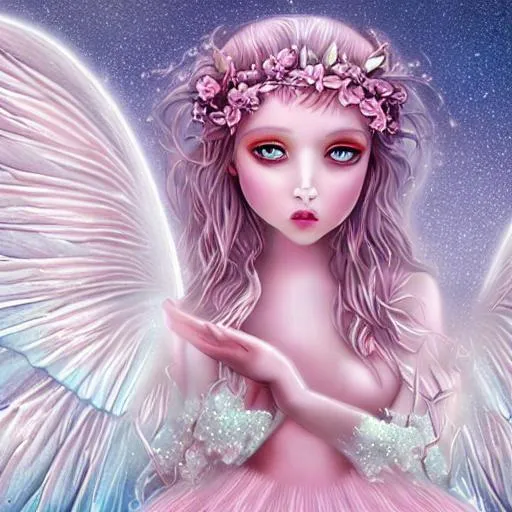 Prompt: white fairy goddess with  big eyes,, beautiful , pastel pink background