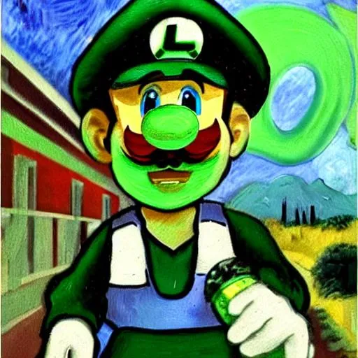 Prompt: Luigi tall n   green cap  L in the front entering  walking up to Luigi’s mansion with ghost vacuum Boo ghosts scared trembling in the style of Van Gogh mixed media oil painting style 