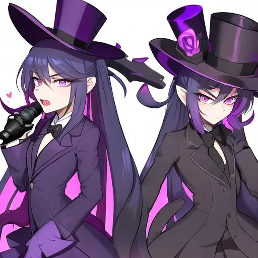 Prompt: Your OC is a small shadow hydra, with electric purple eyes. They identify as being genderless, and have a monotonous voice. As an accessory, they have a top hat, and they can be seen holding a microphone.