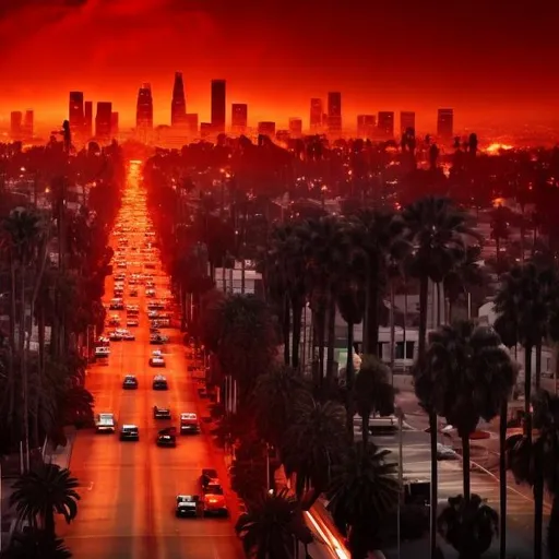 Prompt: Los Angeles if it were Hell. Demonic. Red. Palm trees on fire. Demons crawling on the streets.