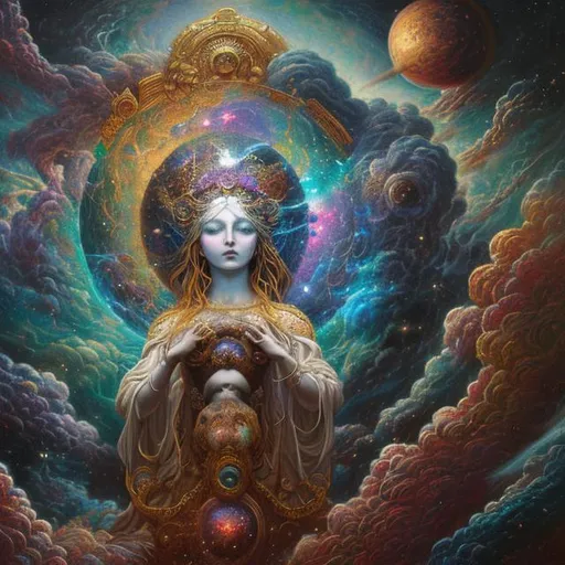 Prompt: Cosmic goddess with a human face  creating the universe, vibrant colours, majestic, beautiful, Maximalist oil on canvas painting, in the style of Paul Gustave Dore, 3D trending on Artstation CryEngine,
