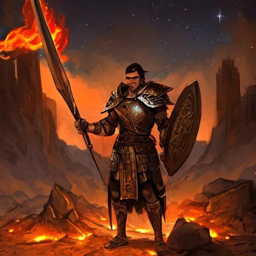 Prompt: gideon, warrior in Old testament, war place, night, facing the enemies, fires, weapon, clear face
