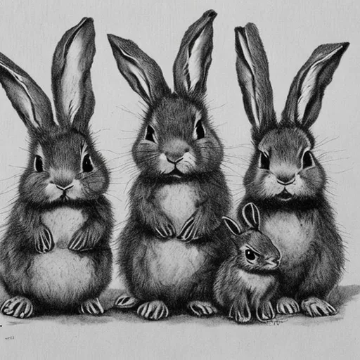 three baby bunnies spooky in a line