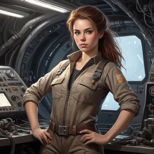 Prompt: Create a realistic-style digital art illustration of a white female character working as a mechanic/techie in a spaceship. The character should have an average build and brown long hair, with a rugged and worn-out appearance. The drawing should be from the waist up, showcasing the character's torso. The color palette should consist of dark tones, and the lighting should be dim and moody. Please include some futuristic machinery or equipment in the background.