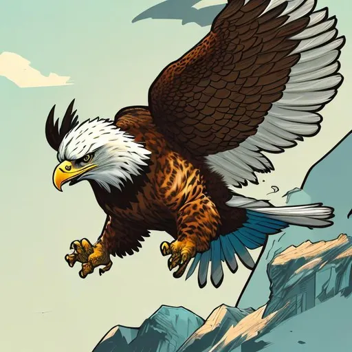 Prompt: A comic book style illustration of an eagle hovering over a tiger 