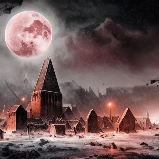 Prompt: ancient viking city in destruction city in blizzard chaotic snowstorm dark blood red moon 