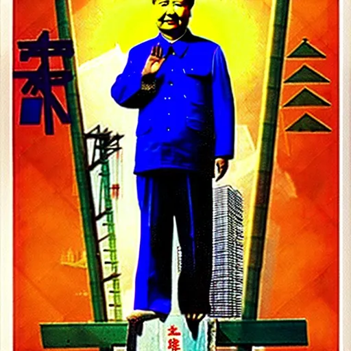 Prompt: 1960s style advertising poster of Mao Zedong standing on a girder next to an office tower construction site, vivid colors, cinematic lighting