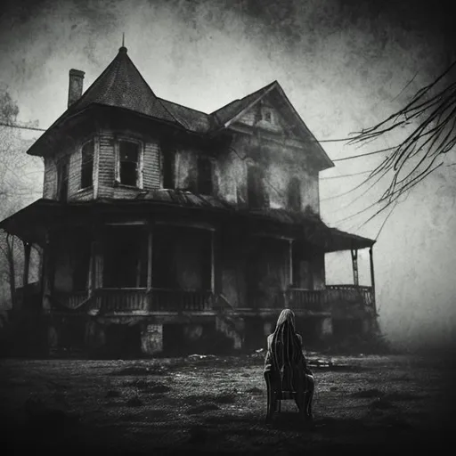 Prompt: A horror photo with a figure sitting on a chair ,creepy environment ,foggy, old style,house,black and white