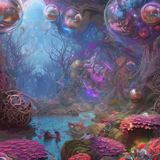 Prompt: intricate landscape of nymphs in the universe, open bubbles, metal, color, flowers, ornate, intricate, flowing, neon, led, fractals, hyper-detailed, 64K, UHD, HDR, unreal engine, vivid colors