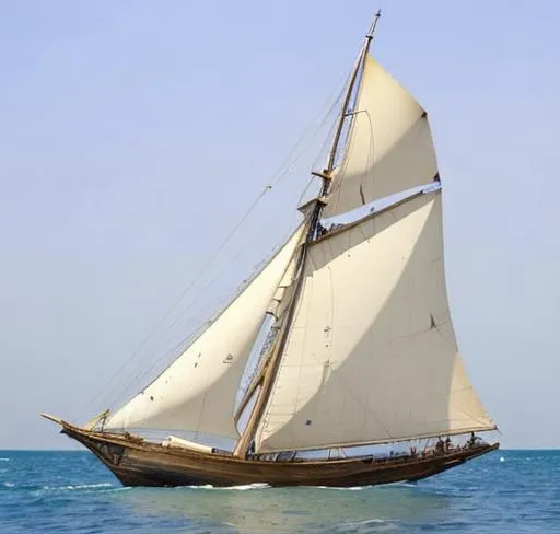 Prompt: An old wooden sloop, single mast full sails, sailing