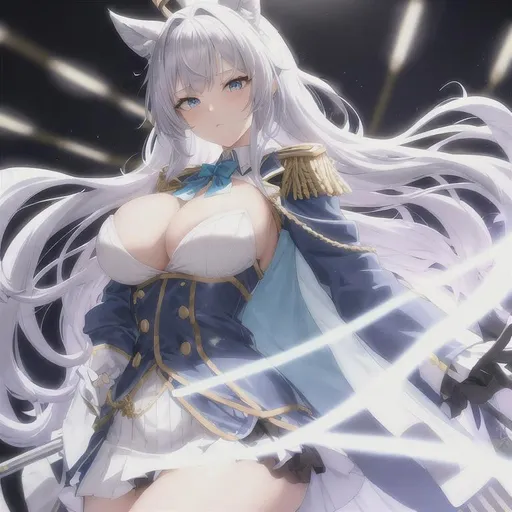 Prompt: An idol anime girl with messy silver hair and light blue eyes. On stage she wears her unit uniform. She uses lots of accessories, and there are two thin golden ropes attached to the jacket in her chest area, stretching across the front of the jacket and linking to the right shoulder pad. Three more golden ropes are attached to each side of the jacket where there would normally be buttons, but they are are decorative and are tied into a flower pattern. She wears a black glove with an opening near the wrist on his right hand, with a gold bracelet on his left. She wears  a white skirt with some deep blue lines on it, and a thick belt that is accented with four golden buttons with a golden stripe on each side. Her shoes are white with gold and black accents with a dip around the ankles.