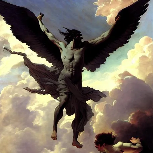 Prompt: Lucifer rises to power, Alexandre Cabanel, high detail, huge black wings, in the sky flying away