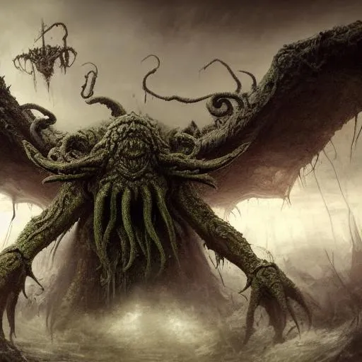 Prompt: Dark art, giant cthulhu, giant god, artstation, hyperdetailed intricately detailed, rendered in unreal engine 5, octane render, other wordly, intricate detail, splash screen, dark colors, fantasy concept art, 8k, deviantart masterpiece, oil painting, heavy strokes, wings, doom eternal, tourmented souls, standing, looking at horizon, suffering, madness, cinematic lighting, 3d ray tracing, colorgrading, detailed textures.