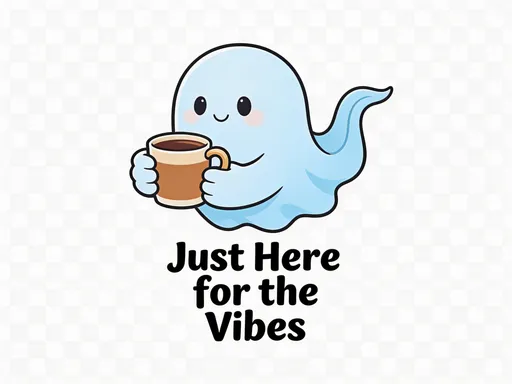 Prompt: Cute Ghost 👻
Ghost holding a coffee
Text: “Just Here for the Vibes”
Simple cartoon style with a transparent background.
