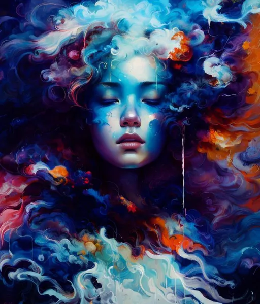 Prompt: very detailed oil painting, super empath portrait, Digital illustration, Agnes Cecile, Aokamei, Todd McFarlane, 4k, calligraphy, hieroglyphs smooth lines, gradient fills, beautiful curves, flowing shadows, alternating light and shadow areas, shadows dancing in the rhythm of smoke