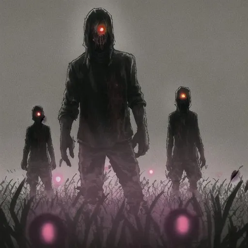 Prompt: Zombies with glowing eyes standing idle in a feild at midnight