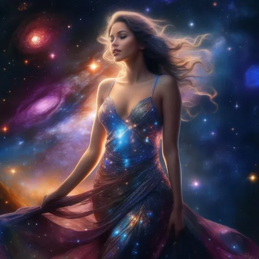 Prompt: exquisitly hyper real detailed, colorful, sparkly, glowing Goddess in a revealing, filmy, see thu, flowing dress, incredible all body form of a incredible bodied, incredibly beautiful faced woman with a buxom perfect body falling backwards through space, nebulas, stars, planets, the milky way and galaxies, shooting stars